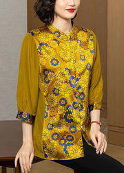 Women Yellow Print Button Patchwork Silk Shirt Bracelet Sleeve