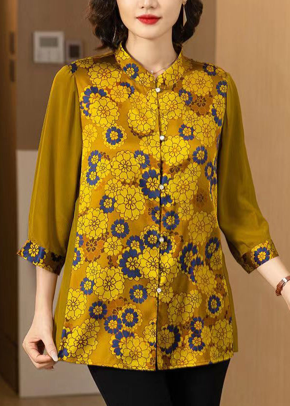 Women Yellow Print Button Patchwork Silk Shirt Bracelet Sleeve