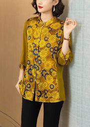 Women Yellow Print Button Patchwork Silk Shirt Bracelet Sleeve