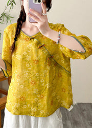 Women Yellow Print Chinese Button Linen Tops Fall