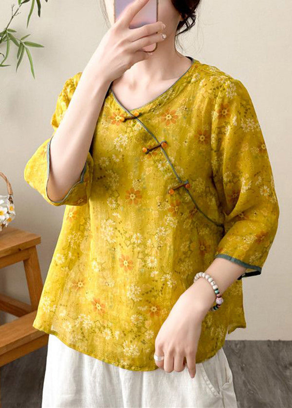 Women Yellow Print Chinese Button Linen Tops Fall