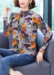 Women Yellow Print Patchwork Cotton Knit Top Spring