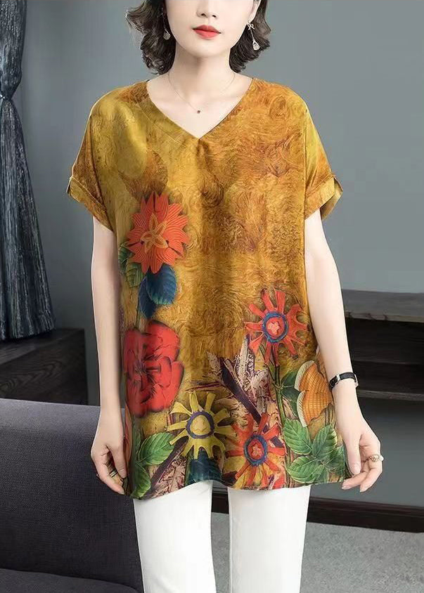 Women Yellow Print Side Open Patchwork Silk T Shirt Short Sleeve