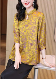 Women Yellow Ruffled Jacquard Silk Blouses Bracelet Sleeve