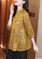 Women Yellow Ruffled Jacquard Silk Blouses Bracelet Sleeve