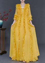 Women Yellow Ruffled Lace Up Chiffon Full Dresses Spring