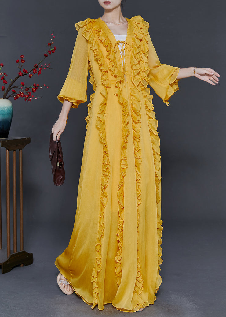 Women Yellow Ruffled Lace Up Chiffon Full Dresses Spring