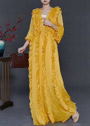 Women Yellow Ruffled Lace Up Chiffon Full Dresses Fall