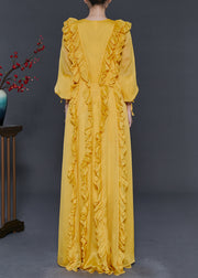 Women Yellow Ruffled Lace Up Chiffon Full Dresses Fall