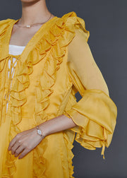 Women Yellow Ruffled Lace Up Chiffon Full Dresses Fall