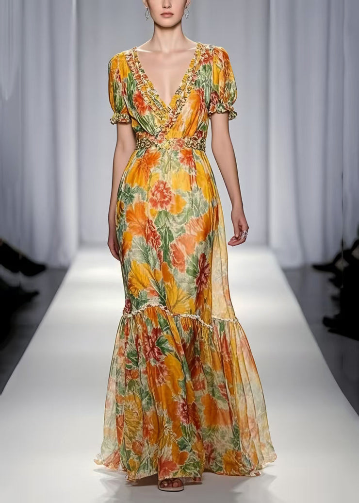 Women Yellow Ruffled Print Chiffon Dresses Summer