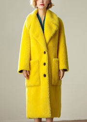 Women Yellow Sailor Collar Pockets Loose Wool Coats Long Sleeve