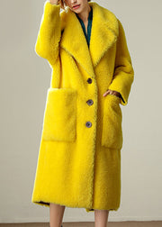 Women Yellow Sailor Collar Pockets Loose Wool Coats Long Sleeve