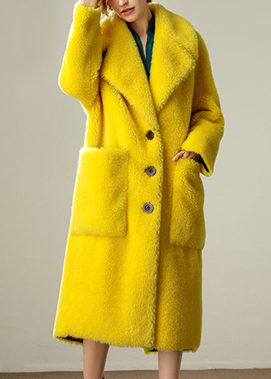 Women Yellow Sailor Collar Pockets Loose Wool Coats Long Sleeve