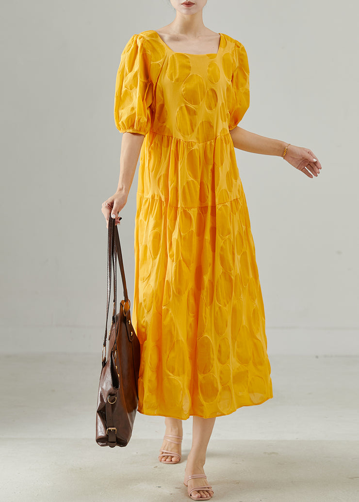 Women Yellow Square Collar Cotton Holiday Dress Summer