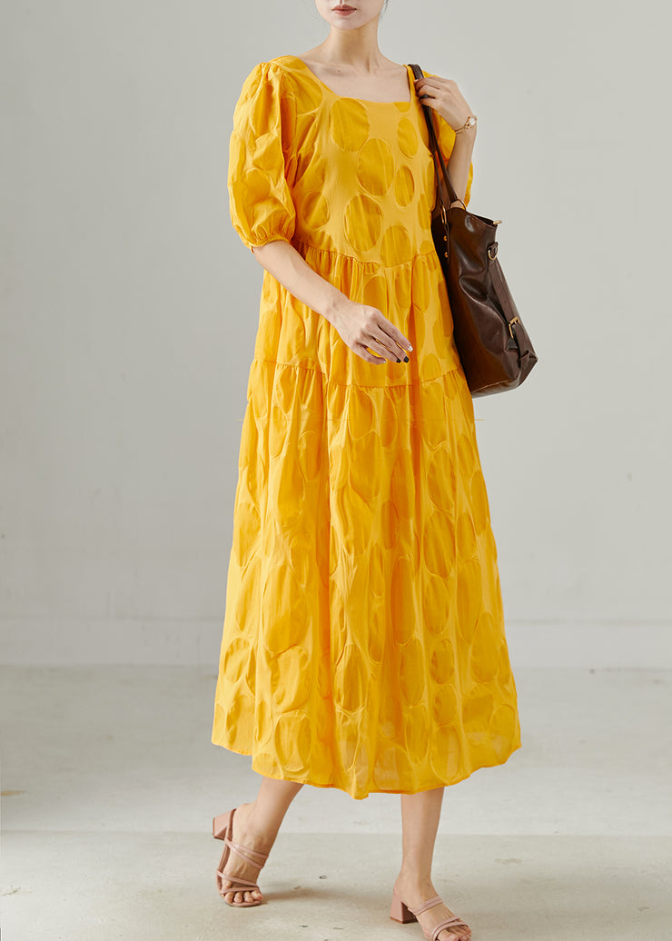 Women Yellow Square Collar Cotton Holiday Dress Summer