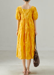 Women Yellow Square Collar Cotton Holiday Dress Summer