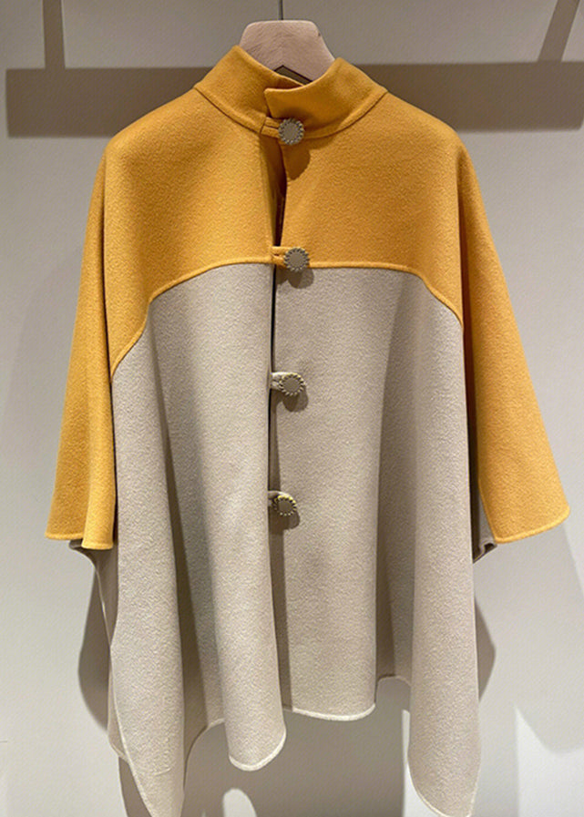 Women Yellow Stand Button Patchwork Woolen Cape Coats Fall