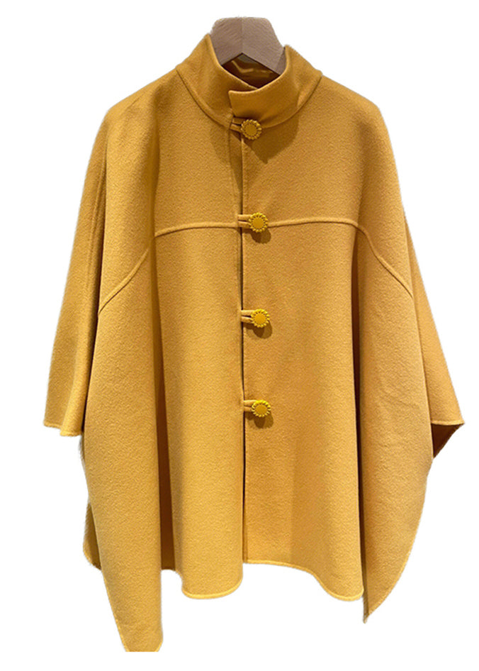 Women Yellow Stand Button Patchwork Woolen Cape Coats Fall