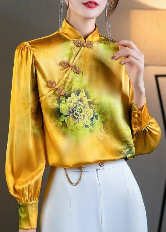 Women Yellow Stand Collar Oriental Button Print Patchwork Silk Tops Spring