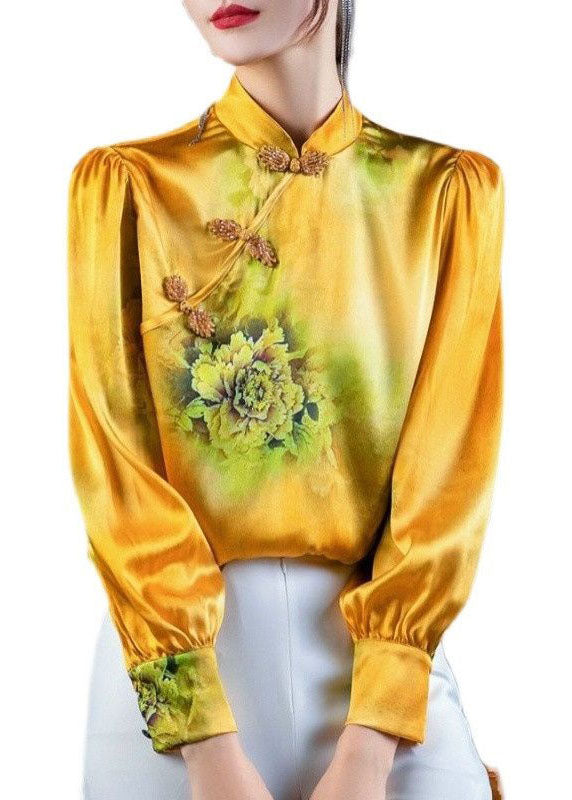 Women Yellow Stand Collar Oriental Button Print Patchwork Silk Tops Spring