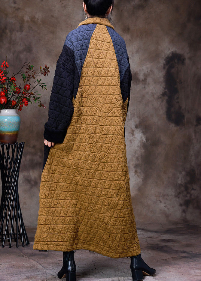 Women Yellow Stand Collar Patchwork Button Removable Cotton Maxi Coats Long Sleeve