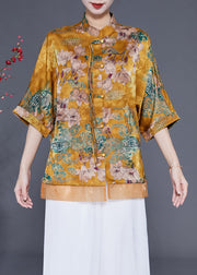 Women Yellow Stand Collar Patchwork Tassel Silk Blouses Half Sleeve