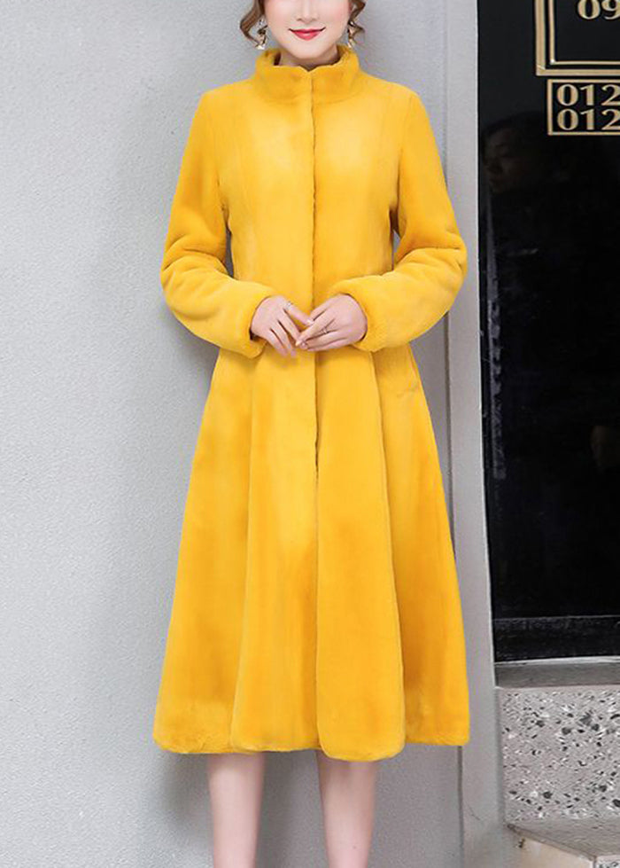 Women Yellow Stand Collar Silm Fit Faux Fur Trench Winter