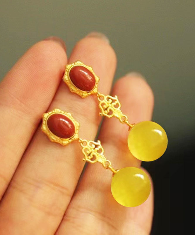 Women Yellow Sterling Silver Overgild Agate Beeswax Drop Earrings