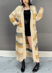 Women Yellow Striped Pockets Knit Long Cardigan Spring