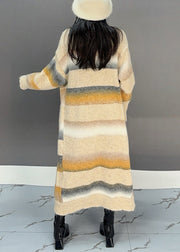 Women Yellow Striped Pockets Knit Long Cardigan Spring