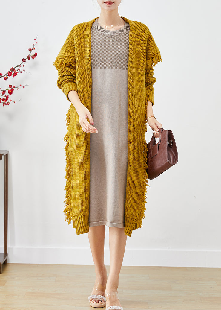 Women Yellow Tasseled Oversized Knit Cardigan Winter