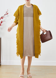 Women Yellow Tasseled Oversized Knit Cardigan Winter