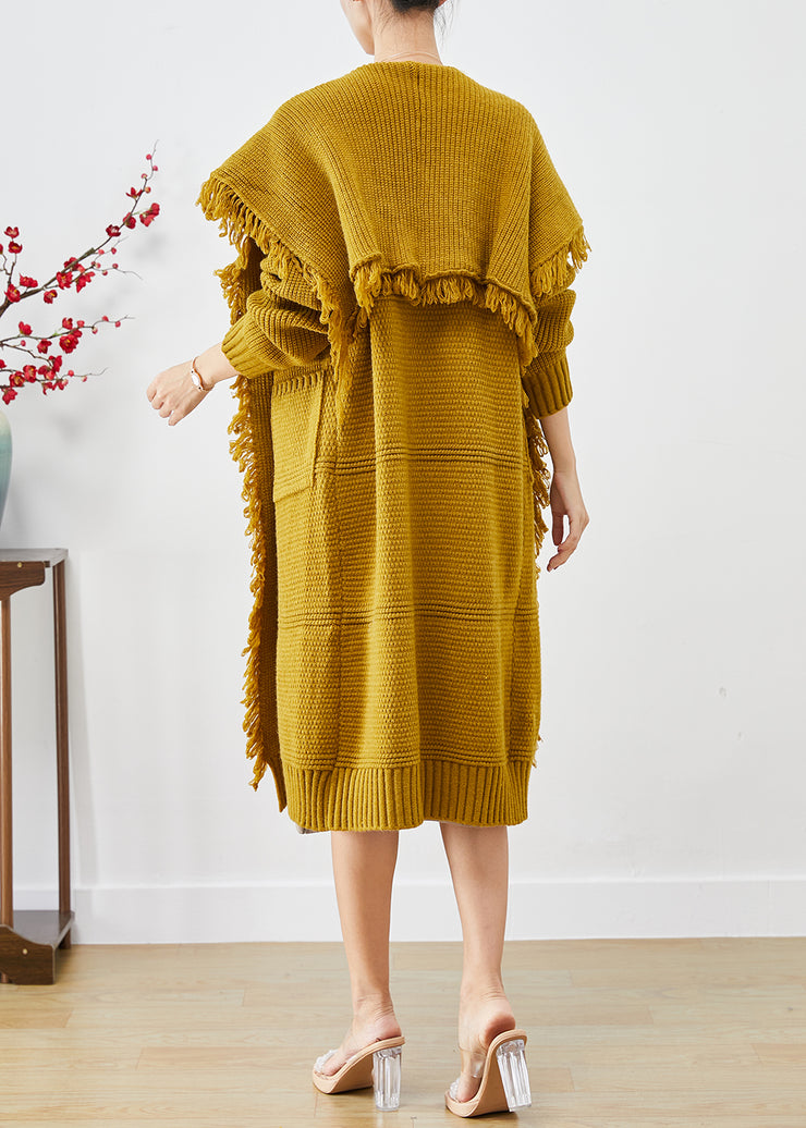 Women Yellow Tasseled Oversized Knit Cardigan Winter