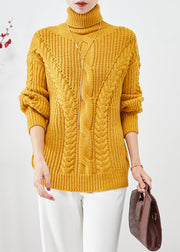 Women Yellow Turtle Neck Thick Cable Knit Short Sweater Fall