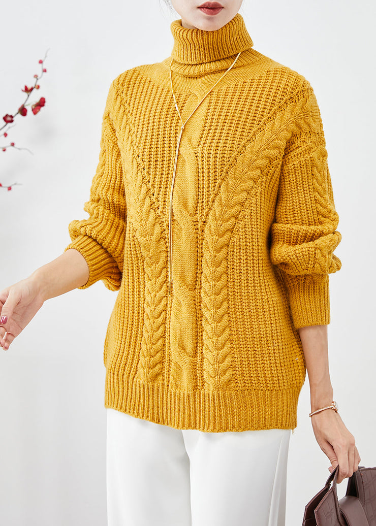 Women Yellow Turtle Neck Thick Cable Knit Short Sweater Fall