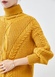 Women Yellow Turtle Neck Thick Cable Knit Short Sweater Fall