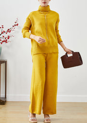 Women Yellow Turtle Neck Warm Knit Two Pieces Set Fall