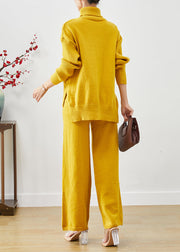 Women Yellow Turtle Neck Warm Knit Two Pieces Set Fall