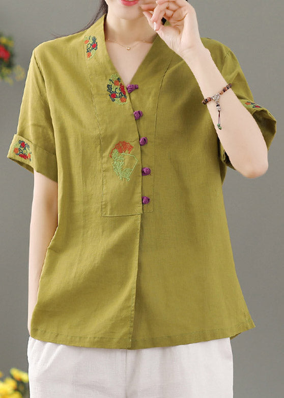 Women Yellow V Neck Embroideried Button Shirt Short Sleeve