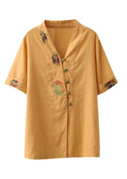 Women Yellow V Neck Embroideried Button Shirt Short Sleeve