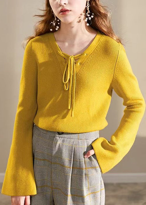 Women Yellow V Neck Lace Up Knit Sweater Flare Sleeve