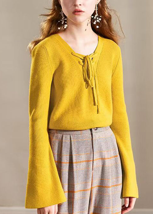 Women Yellow V Neck Lace Up Knit Sweater Flare Sleeve