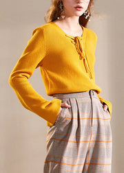 Women Yellow V Neck Lace Up Knit Sweater Flare Sleeve