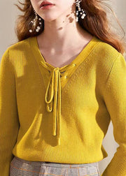 Women Yellow V Neck Lace Up Knit Sweater Flare Sleeve