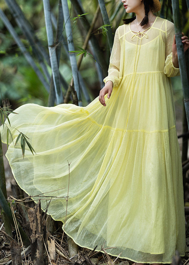 Women Yellow V Neck Patchwork Chiffon Vacation Long Dresses Spring