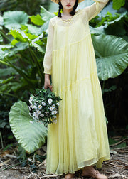 Women Yellow V Neck Patchwork Chiffon Vacation Long Dresses Spring