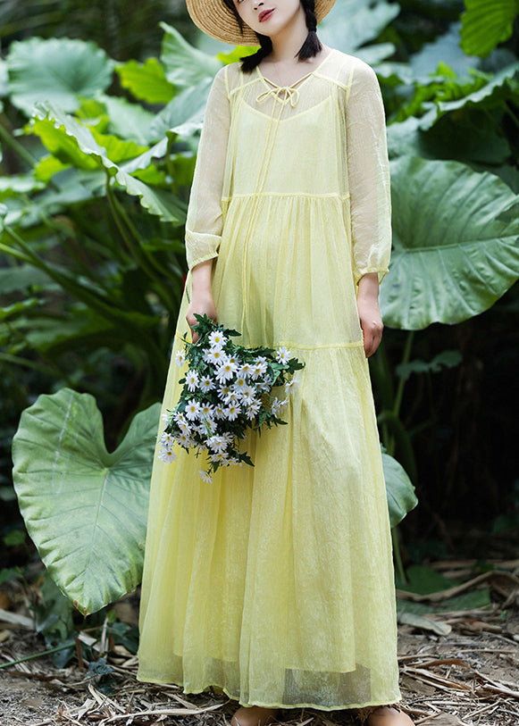 Women Yellow V Neck Patchwork Chiffon Vacation Long Dresses Spring