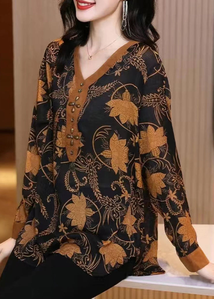 Women Yellow V Neck Print Patchwork Silk Shirt Top Fall