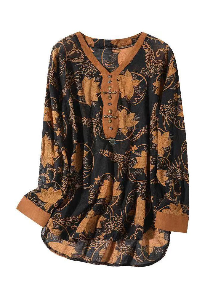 Women Yellow V Neck Print Patchwork Silk Shirt Top Fall